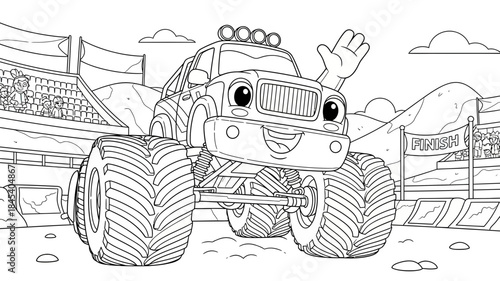 Cartoon Monster Truck Mascot Waving With Tire Lifted in Off Road Arena Scene With Cute Facial Features And Clean Black Outline