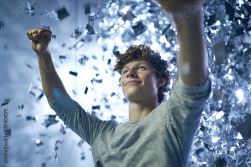 Celebratory Moment with Joyful Teen Amidst Shimmering Silver Confetti.
