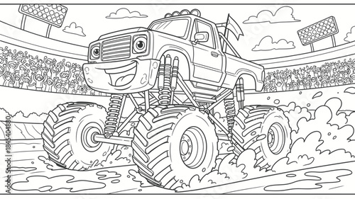 Cartoon Monster Truck Racing on Mud Track with Exaggerated Suspension and Joyful Expression against Stadium Crowd in Monochrome
