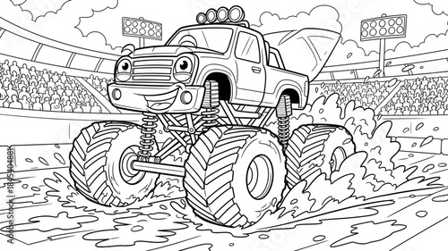 Cartoon Monster Truck Racing on a Mud Track with Stadium Crowd Black and White Illustration