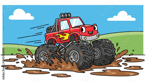 Cartoon Monster Truck Racing Through Mud Puddles With Playful Face Exaggerated Wheels Against Blue Sky