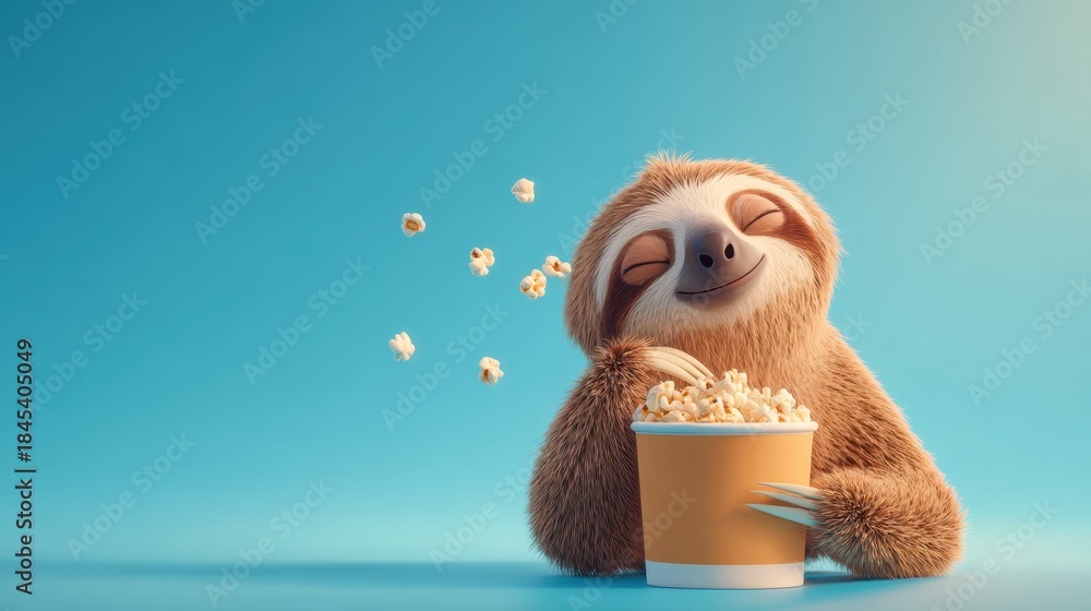 Obraz premium A cute animated sloth holding a large bucket of popcorn, smiling happily against a bright blue background