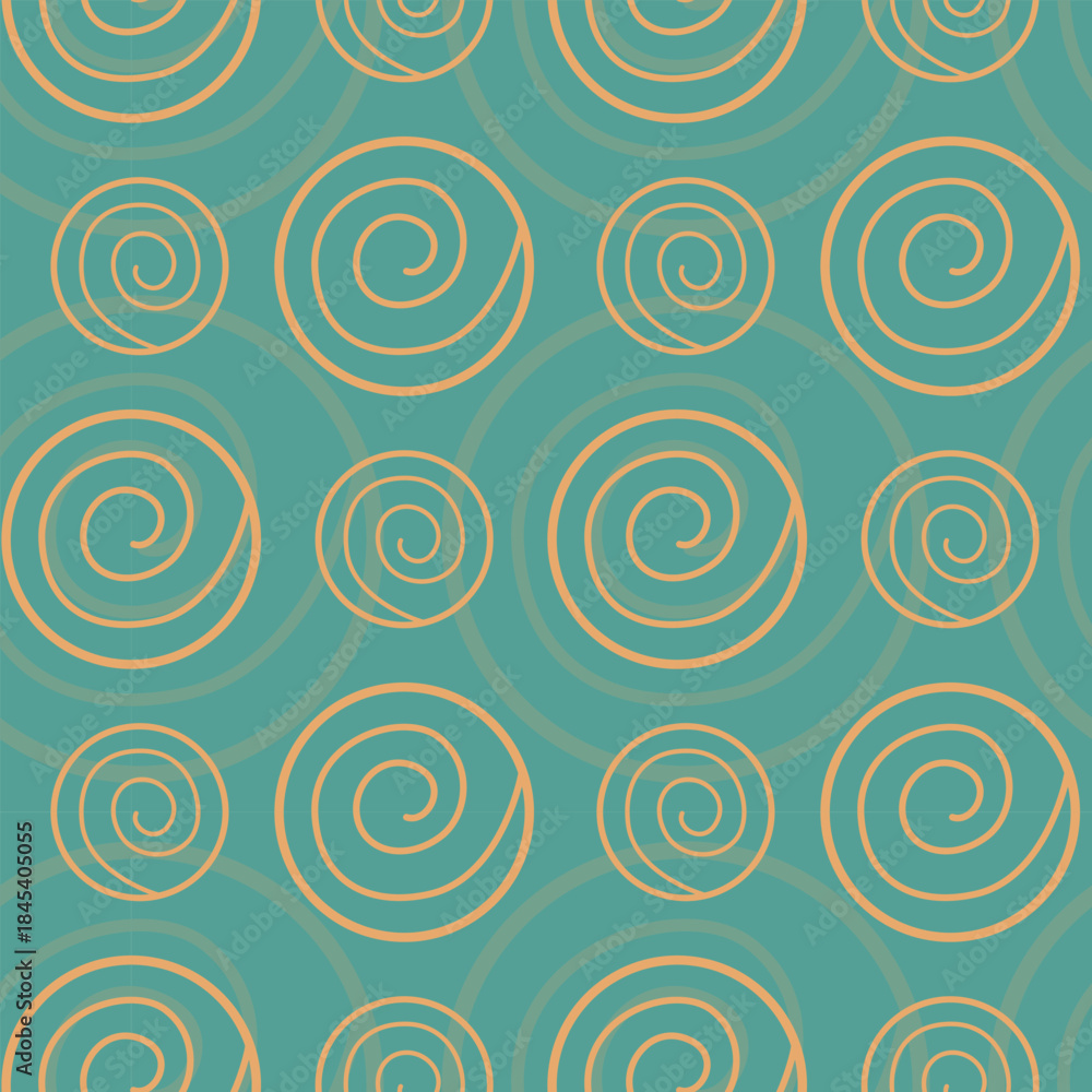 Fototapeta premium Spiral circles geometric pattern seamless. Cream beige shapes on blue green background, textile.