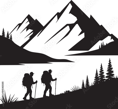 Silhouette of two hikers walking mountain landscape with trees lake outdoor recreation scene
