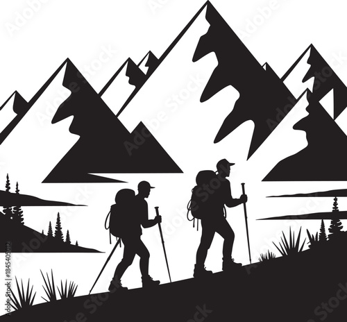 Silhouette of two hikers walking mountain landscape with trees lake outdoor recreation scene