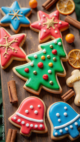 Festive cookies decorated in vibrant colors, including stars, trees, and bells, arranged on wooden surface with spices and dried fruit