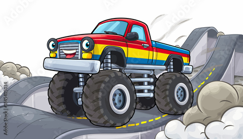 Cartoon Monster Truck With Friendly Face Driving Through Obstacle Course On Ramps and Tires