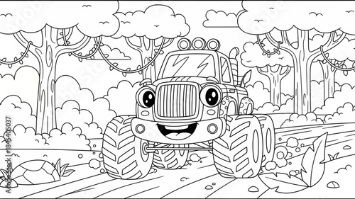 Joyful Monster Truck Racing Through Simplified Jungle Track in Black and White Coloring Book Style