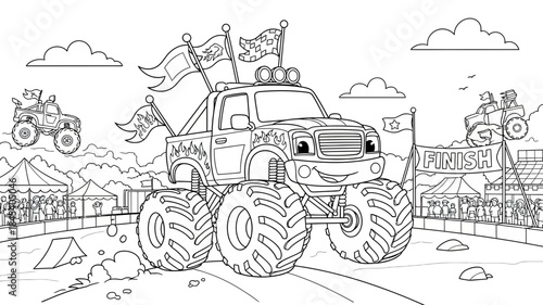 Monster Truck Illustration With Banners And Flags At Racing Festival in Coloring Book Style