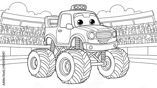 Cartoon Monster Truck with Smiling Face Oversized Wheels in Racing Arena with Cheering Crowd Black Outline