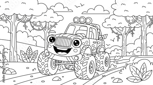 Joyful Monster Truck Racing Through Jungle Track Coloring Book Illustration