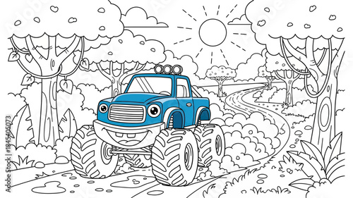 Joyful Monster Truck Racing Through Jungle Track Coloring Book Illustration Blue Vehicle White Background