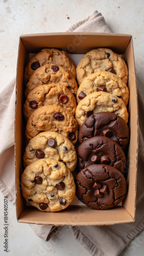 Delicious cookies in box, featuring chocolate chip and double chocolate varieties, perfect for sharing or enjoying alone