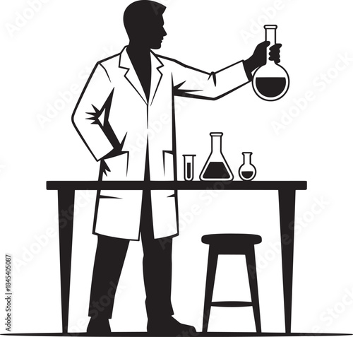 Silhouette scientist in lab coat holding flask chemical experiment laboratory research study