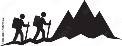 Silhouette of two hikers with backpacks and walking sticks climbing mountain trail outdoor adventure
