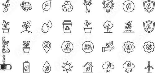 Eco friendly sustainability line icon set featuring recycling, zero waste, renewable energy, green nature growth, environmental protection and eco conscious lifestyle symbols