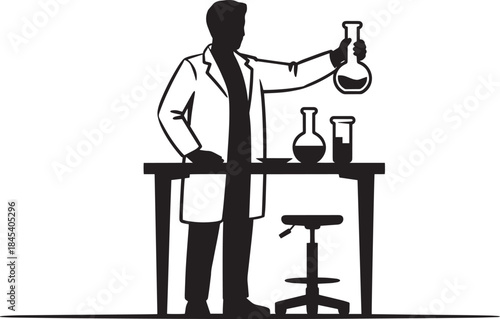Silhouette scientist in lab coat holding flask chemical experiment laboratory research study