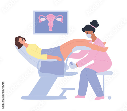 Visit to the gynecologist. Woman sitting in gynecology chair. The doctor takes a sample from the patient for cytological examination. Health care vector illustration