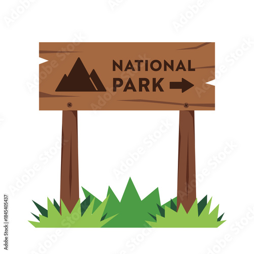 National Park wooden directional signage with Mountain, Arrow icons, Hiking trail, wild forest vector, picnic board illustration, information signs clip art, outdoor climbing backpack trail activity.