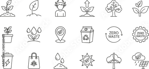 Eco friendly sustainability line icons illustrating renewable energy, zero waste, recycling, green living, environmental conservation and natural resource protection concepts