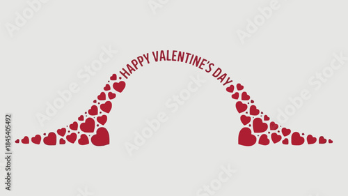 Flowing stream of red hearts forming an arch with happy valentines day text on a white background