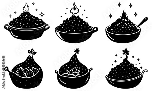 Six black cauldrons with magical contents and stars on white background
