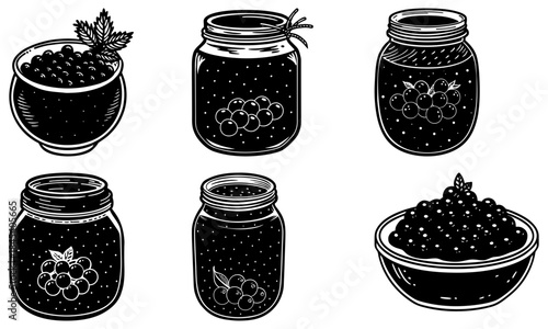 Six Jars and Bowls Filled with Blackberries on White Background black and white