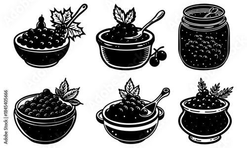 Six black and white of berries in bowls and jars with spoons and leaves