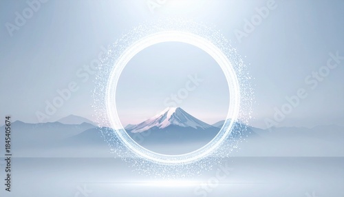Mystical Snow-Capped Mountain Framed by Glowing Ring in Serene Misty Landscape with Futuristic Ambiance