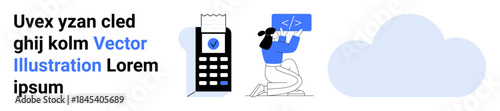 Digital payments, cloud computing, programming, data storage, fintech solutions, online security. Receipt printer and screen, woman coding cloud icon. Digital payments and cloud computing concept