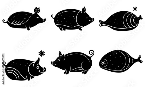 Six black and white pig silhouettes with stars and swirls on a white background