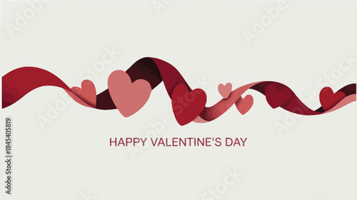 Minimalist flat illustration of a flowing ribbon with hearts and happy valentine's day text on a white background