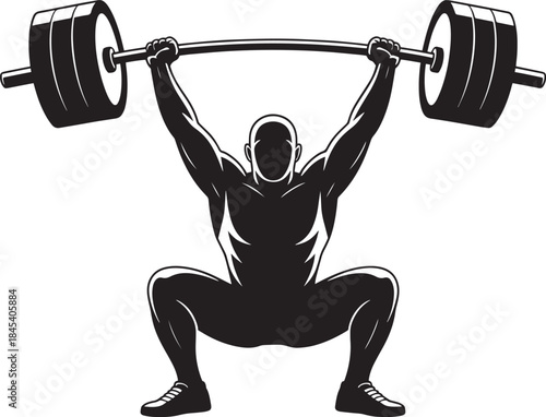 Strong man weightlifter with barbell over head in squat position, powerlifting athlete