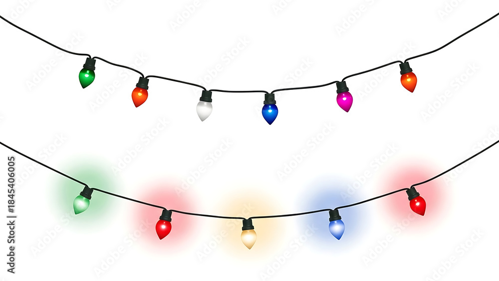 Naklejka premium Two Strings of Colorful Christmas Lights on White Background