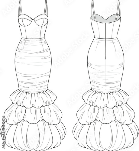 Elegant mermaid evening gown technical fashion illustration with front and back views, fitted bodice and layered ruffle hem vector design