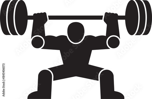 Weightlifting man in squat position holding barbell, bodybuilder with weights over head