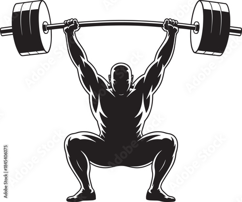 Weightlifter performs squat exercise with barbell isolated on transparent background black and white colors