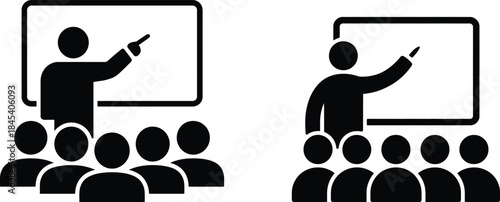 Teacher instructing students in a classroom presentation icon set