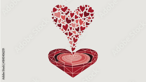 Vector illustration of a red heart shaped waterfall cascading into a geometric heart on a white background