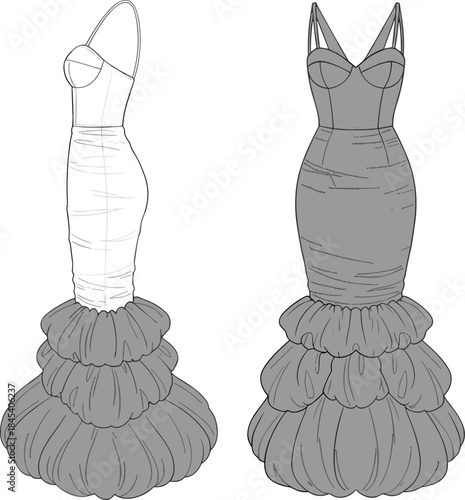 Elegant mermaid evening gown technical fashion illustration with side and front views, fitted bodice and layered ruffle hem vector design