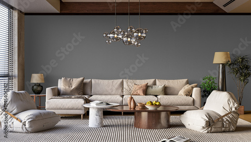 High-End CGI Still: Modern Luxury Living Room with Neutral Tones, Grey Wall Contrast, and Sculptural Chandelier