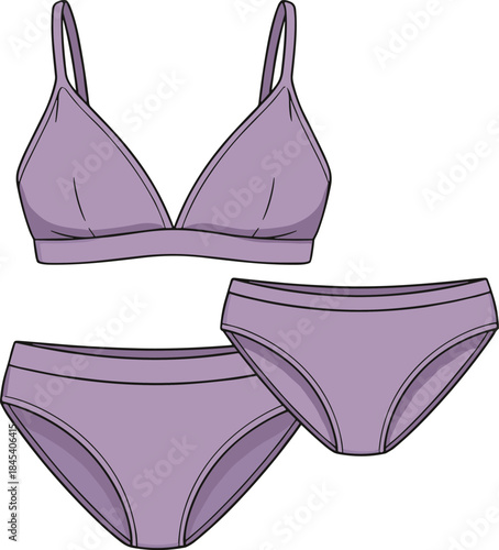 Elegant purple lingerie set illustration featuring bralette and matching panties in minimalist vector style for fashion design, apparel branding, and templates.