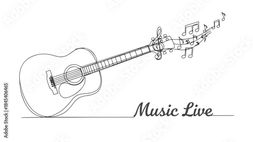 A minimalist line drawing of an acoustic guitar with musical notes flowing from its headstock, accompanied by the text "Music Live".