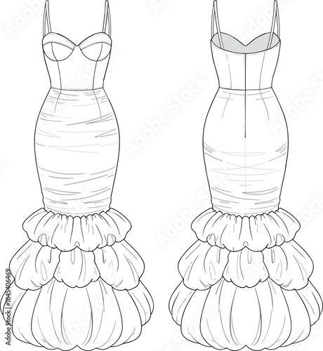 Elegant mermaid evening gown technical fashion illustration with front and back views, fitted bodice and ruffled hem line vector design