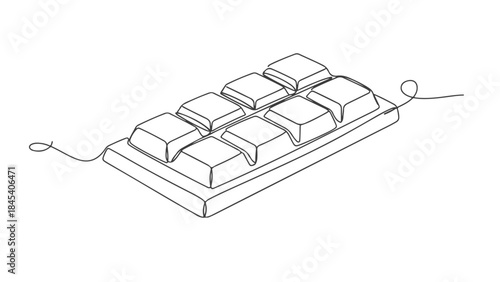 A minimalist line drawing of a chocolate bar with eight distinct squares, presented in a simple, clean, and artistic style.