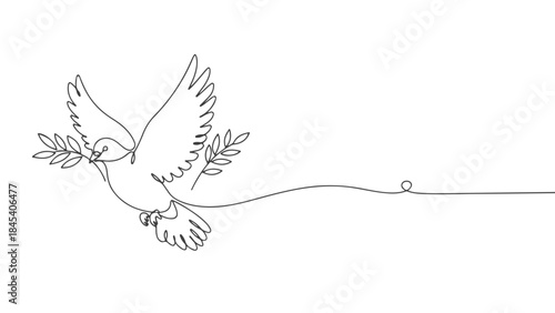 A single continuous line drawing of a dove carrying an olive branch in its beak, symbolizing peace and hope.