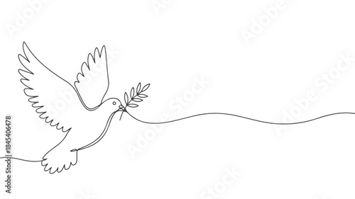 A minimalist single-line drawing of a dove carrying an olive branch in its beak, symbolizing peace and hope.