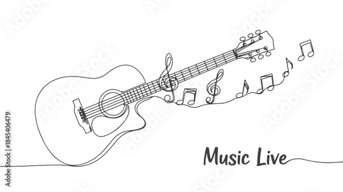 A continuous line drawing of an acoustic guitar with musical notes flowing from its strings, symbolizing live music.