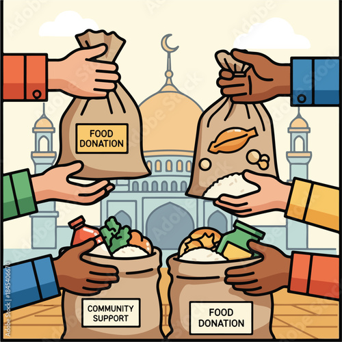 Food Donation and Community Support Illustration for Charitable Giving.
