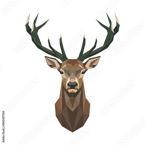 Geometric low poly art style brown deer head with big antlers vector illustration.